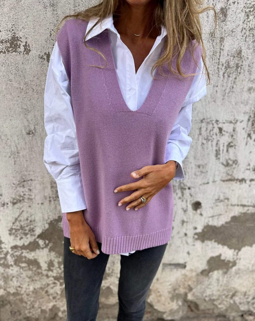 Damen Strickweste V-Ausschnitt Ärmelloser Oversized Strickpullunder - Lila