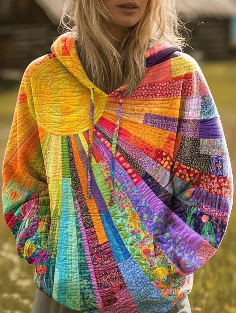 Damen Sweater Bunter Patchwork Kapuzenpullover Boho Sonnenmuster - Mehrfarbig