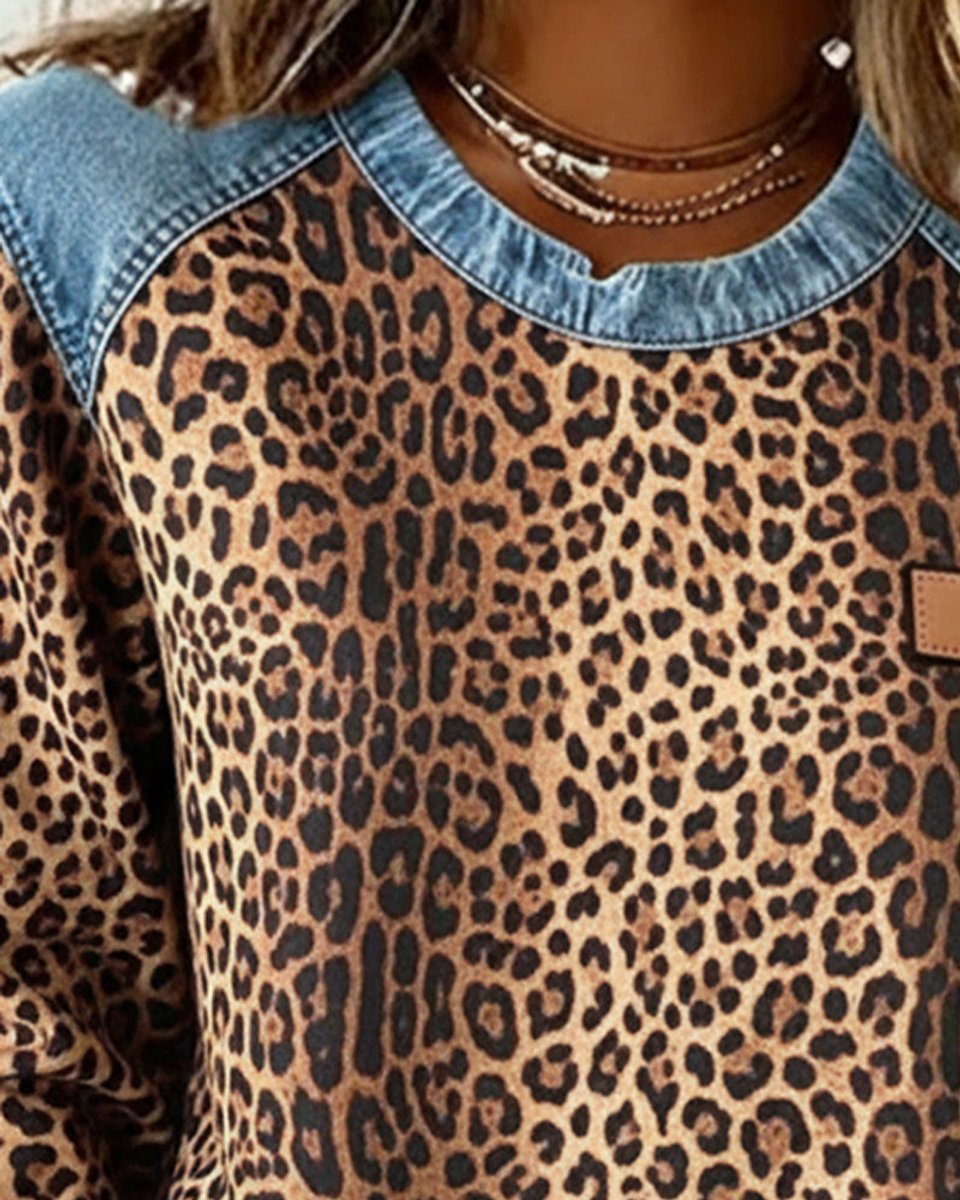 Damen Sweater Leopardenmuster Denim Patchwork Langarm Rundhals Sweatshirt