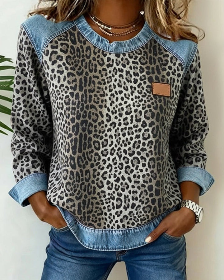 Damen Sweater Leopardenmuster Denim Patchwork Langarm Rundhals Sweatshirt - Grau