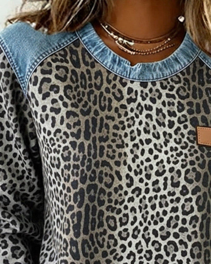 Damen Sweater Leopardenmuster Denim Patchwork Langarm Rundhals Sweatshirt