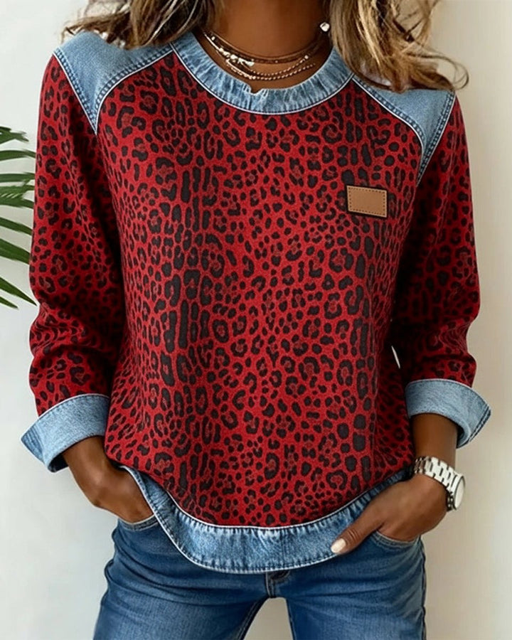 Damen Sweater Leopardenmuster Denim Patchwork Langarm Rundhals Sweatshirt - Rot