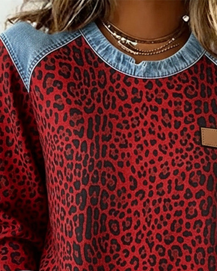 Damen Sweater Leopardenmuster Denim Patchwork Langarm Rundhals Sweatshirt