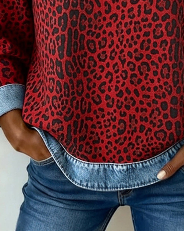 Damen Sweater Leopardenmuster Denim Patchwork Langarm Rundhals Sweatshirt