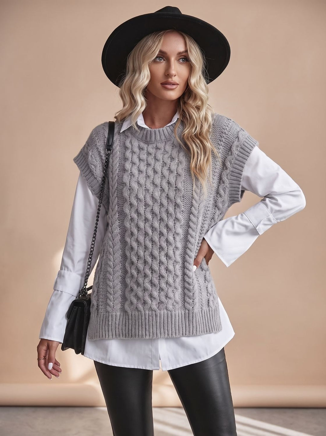 Damen Sweater Vest mit Zopfmuster Ärmellose Strickweste - Grau
