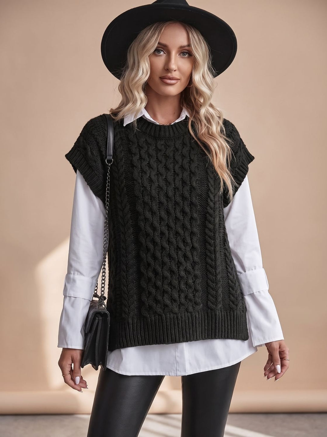 Damen Sweater Vest mit Zopfmuster Ärmellose Strickweste - Schwarz
