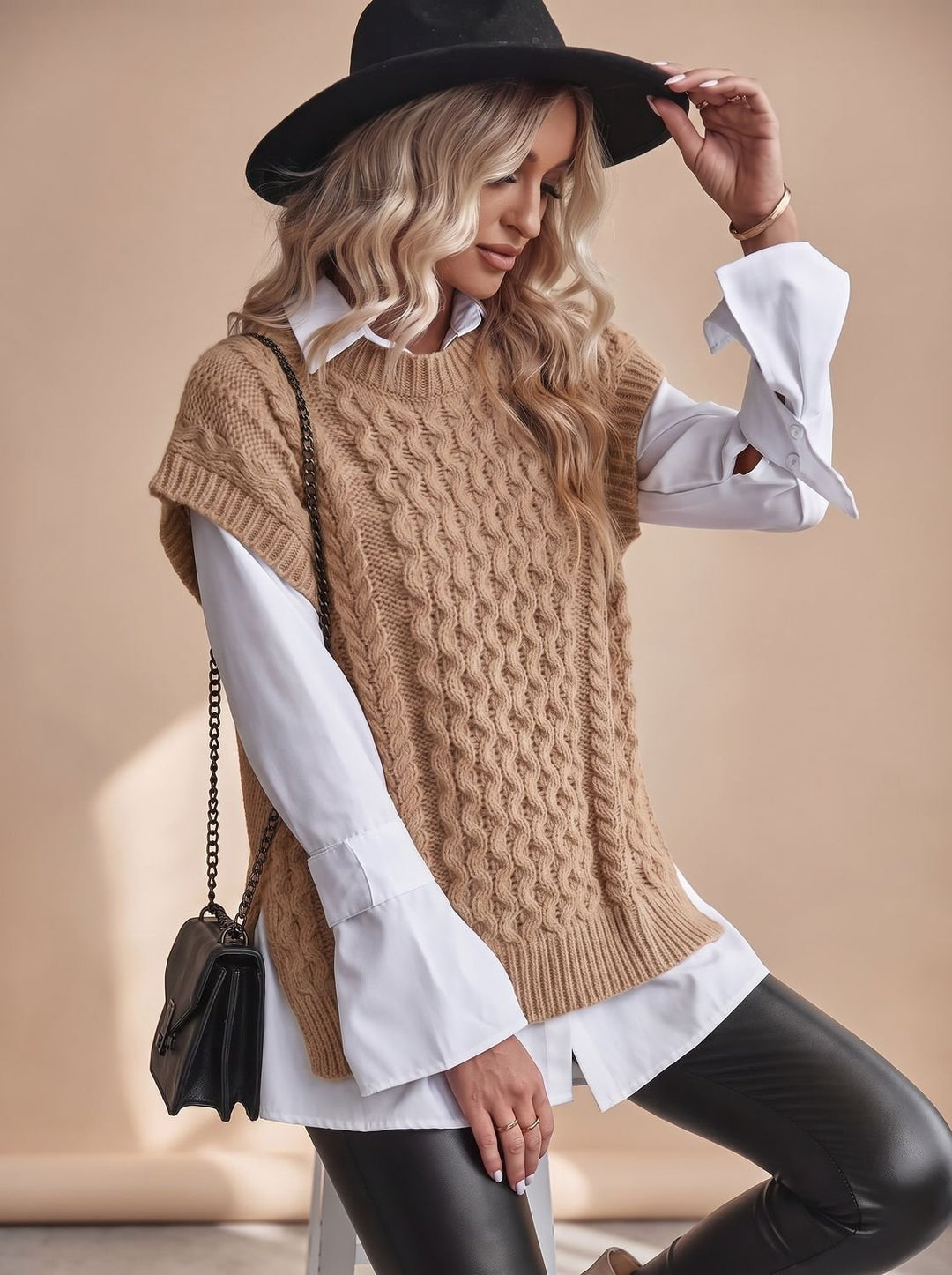 Damen Sweater Vest mit Zopfmuster Ärmellose Strickweste - Khaki