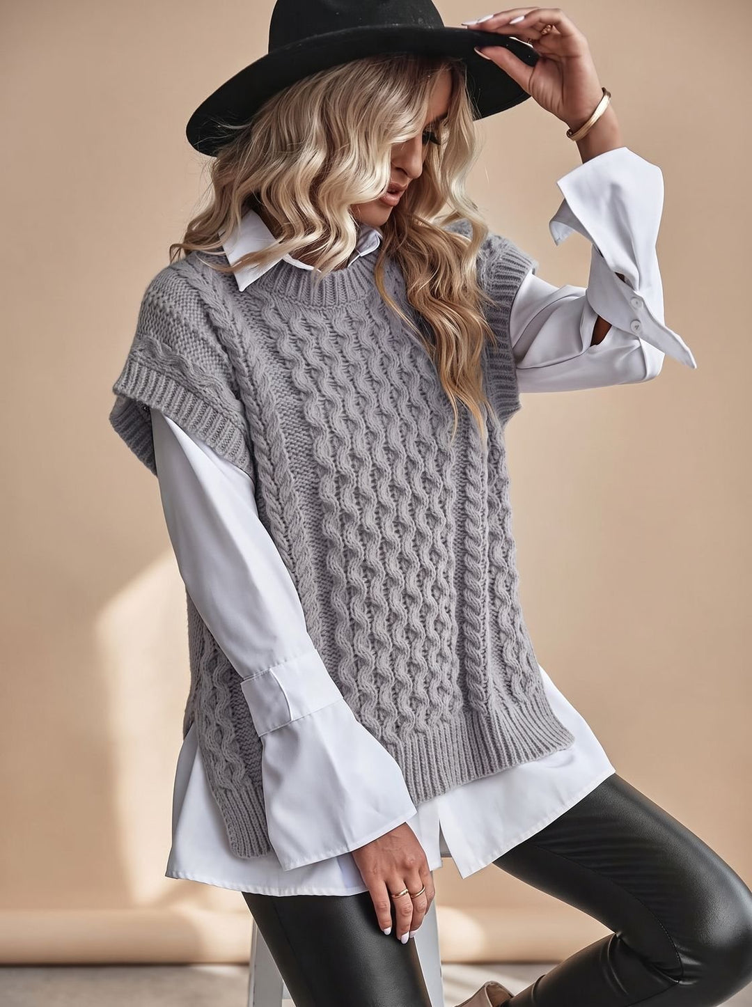 Damen Sweater Vest mit Zopfmuster Ärmellose Strickweste