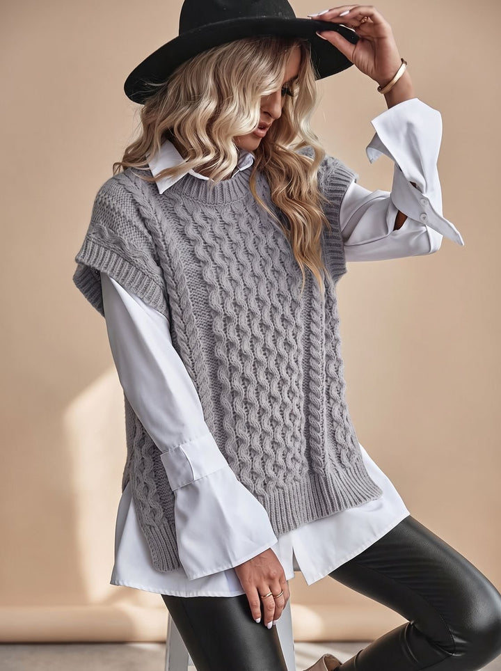 Damen Sweater Vest mit Zopfmuster Ärmellose Strickweste