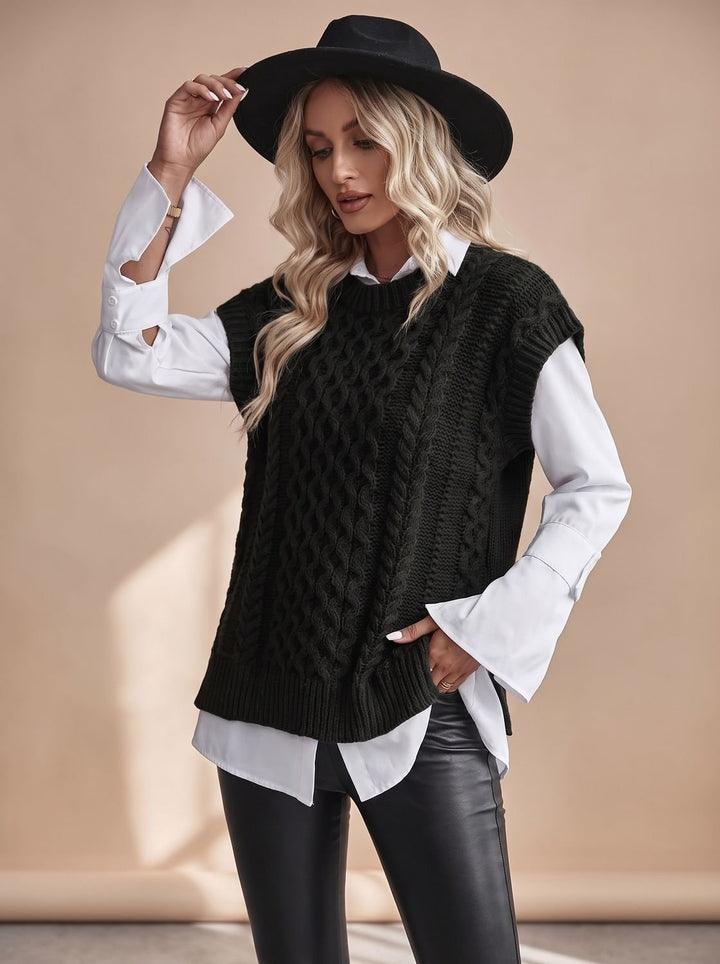 Damen Sweater Vest mit Zopfmuster Ärmellose Strickweste