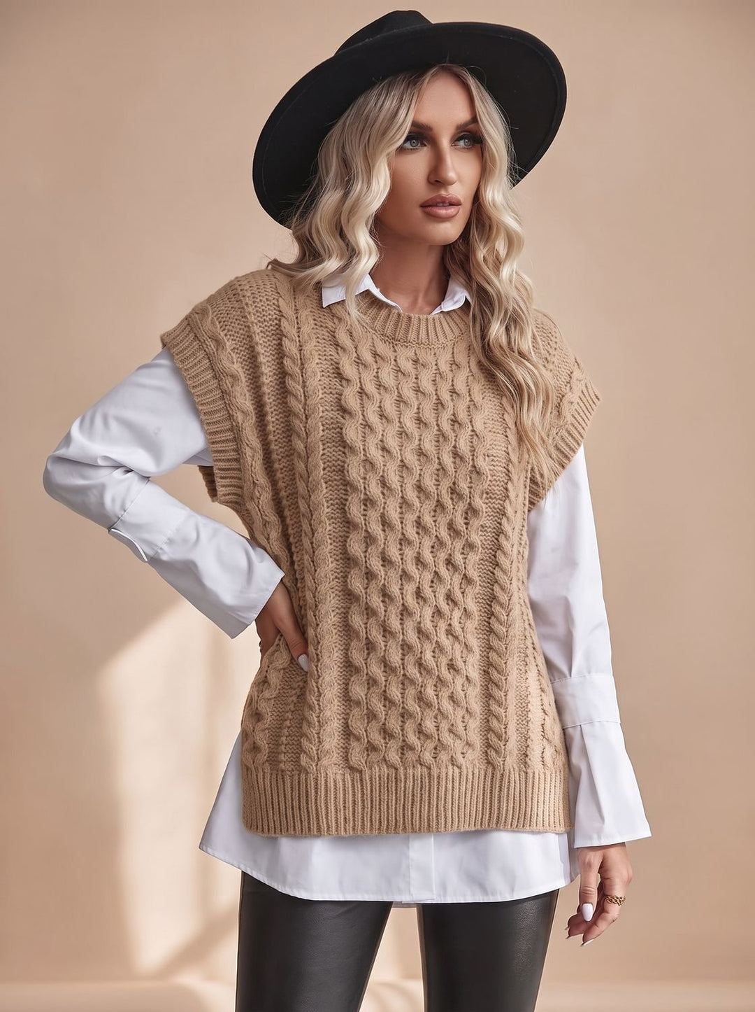 Damen Sweater Vest mit Zopfmuster Ärmellose Strickweste