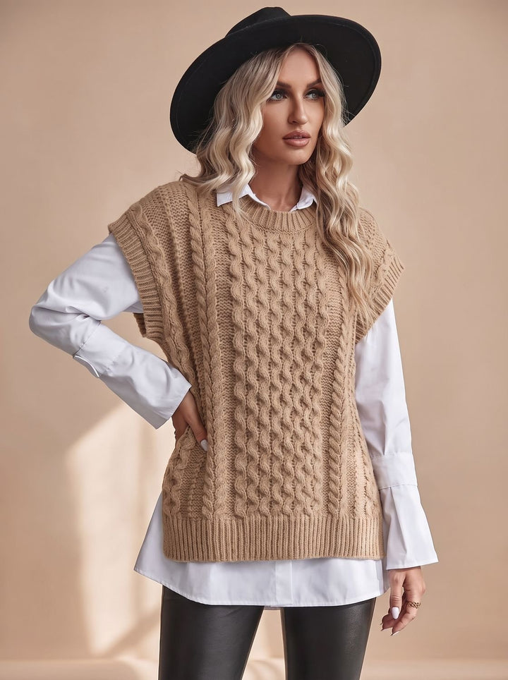 Damen Sweater Vest mit Zopfmuster Ärmellose Strickweste