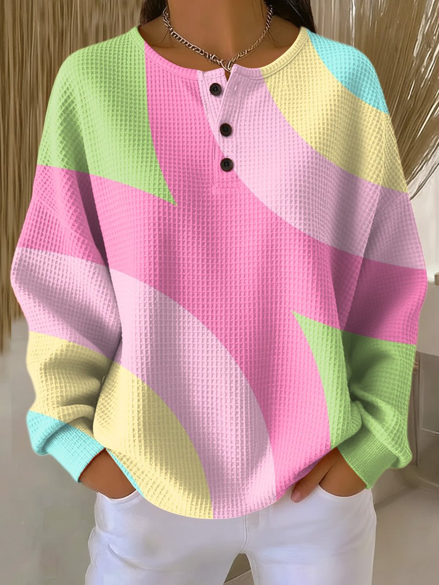 Damen Sweater Women Waffelstrick Henley Pullover Geometrisches Farbblock Muster - Rosa