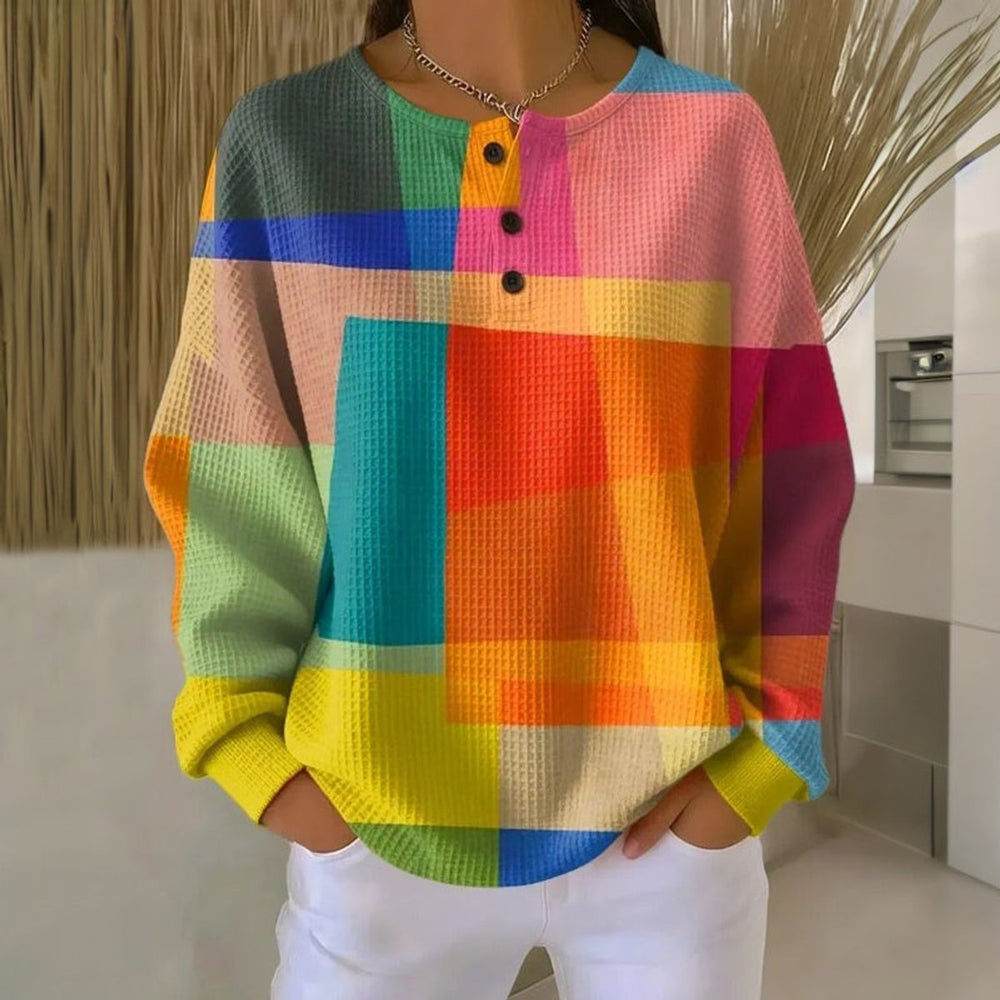 Damen Sweatshirt Buntes Waffelstrick-Pullover Rundhals Knopfleiste