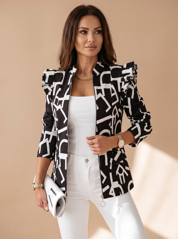 Damen Taillierte Blazer-Jacke mit Rüschenärmeln Grafik-Print Reißverschluss - Schwarz