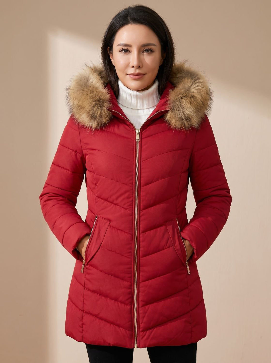 Damen Taillierte Daunenjacke mit Kunstfell-Kapuze Steppjacke - Weinrot