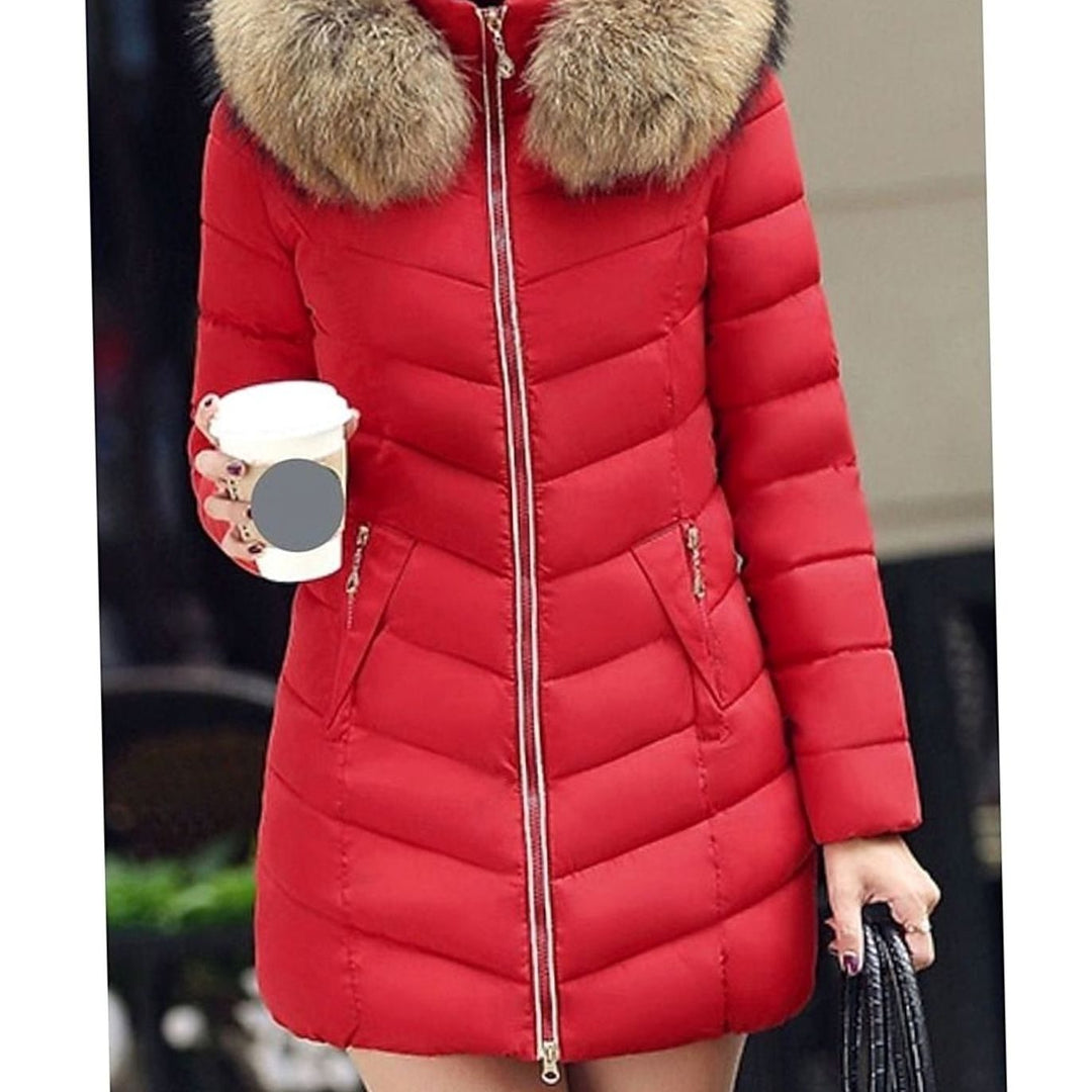 Damen Taillierte Daunenjacke mit Kunstfell-Kapuze Steppjacke - Rot