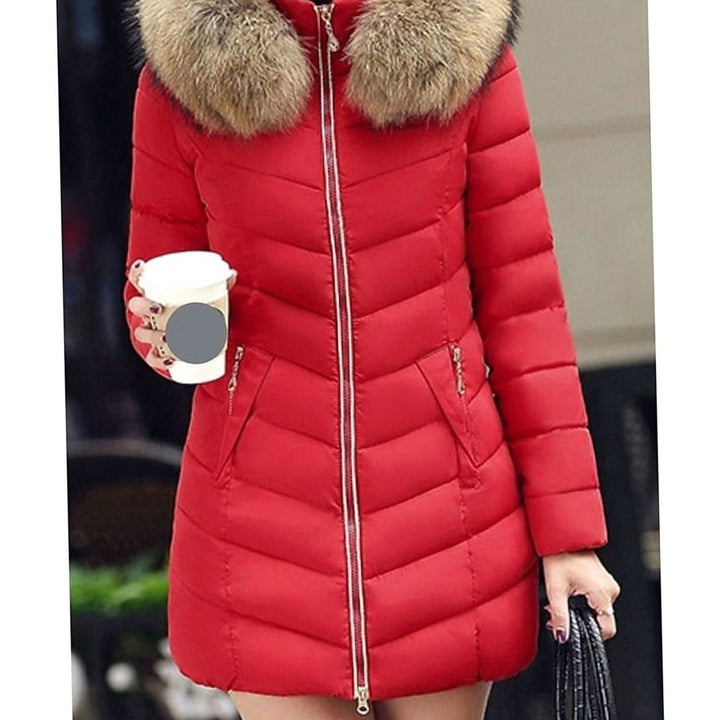 Damen Taillierte Daunenjacke mit Kunstfell-Kapuze Steppjacke - Rot