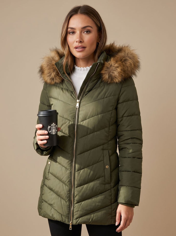 Damen Taillierte Daunenjacke mit Kunstfell-Kapuze Steppjacke - Olivgrün