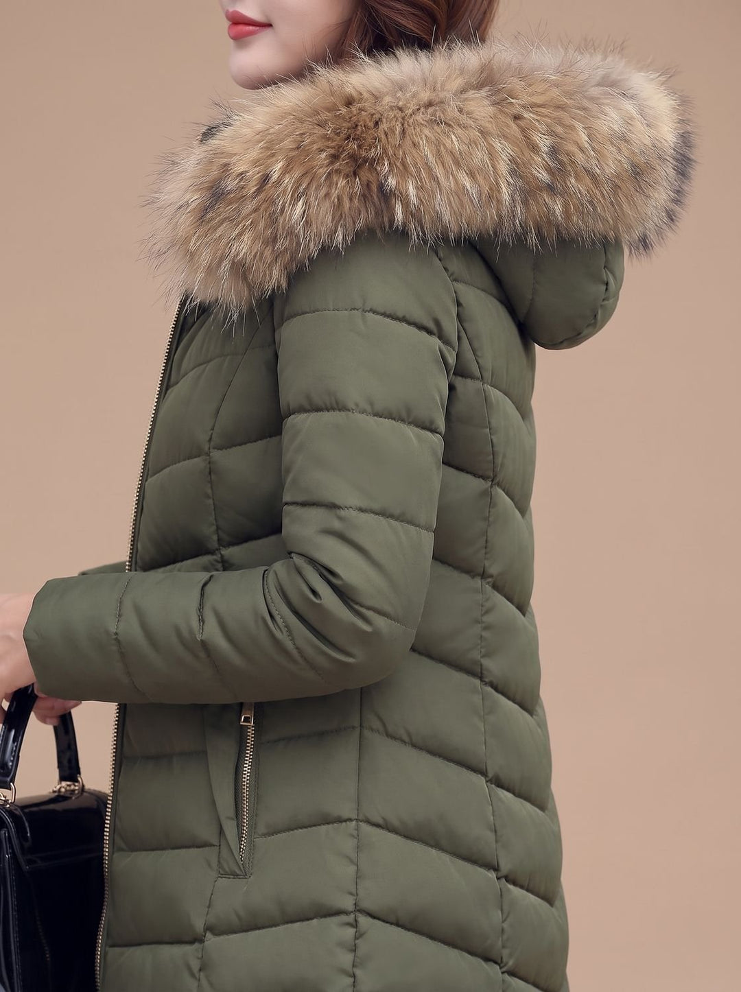 Damen Taillierte Daunenjacke mit Kunstfell-Kapuze Steppjacke