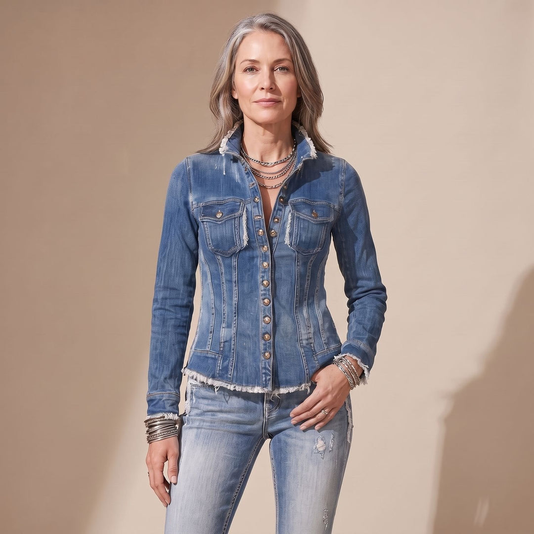 Damen Taillierte Jeansjacke mit Fransen und Knopfleiste