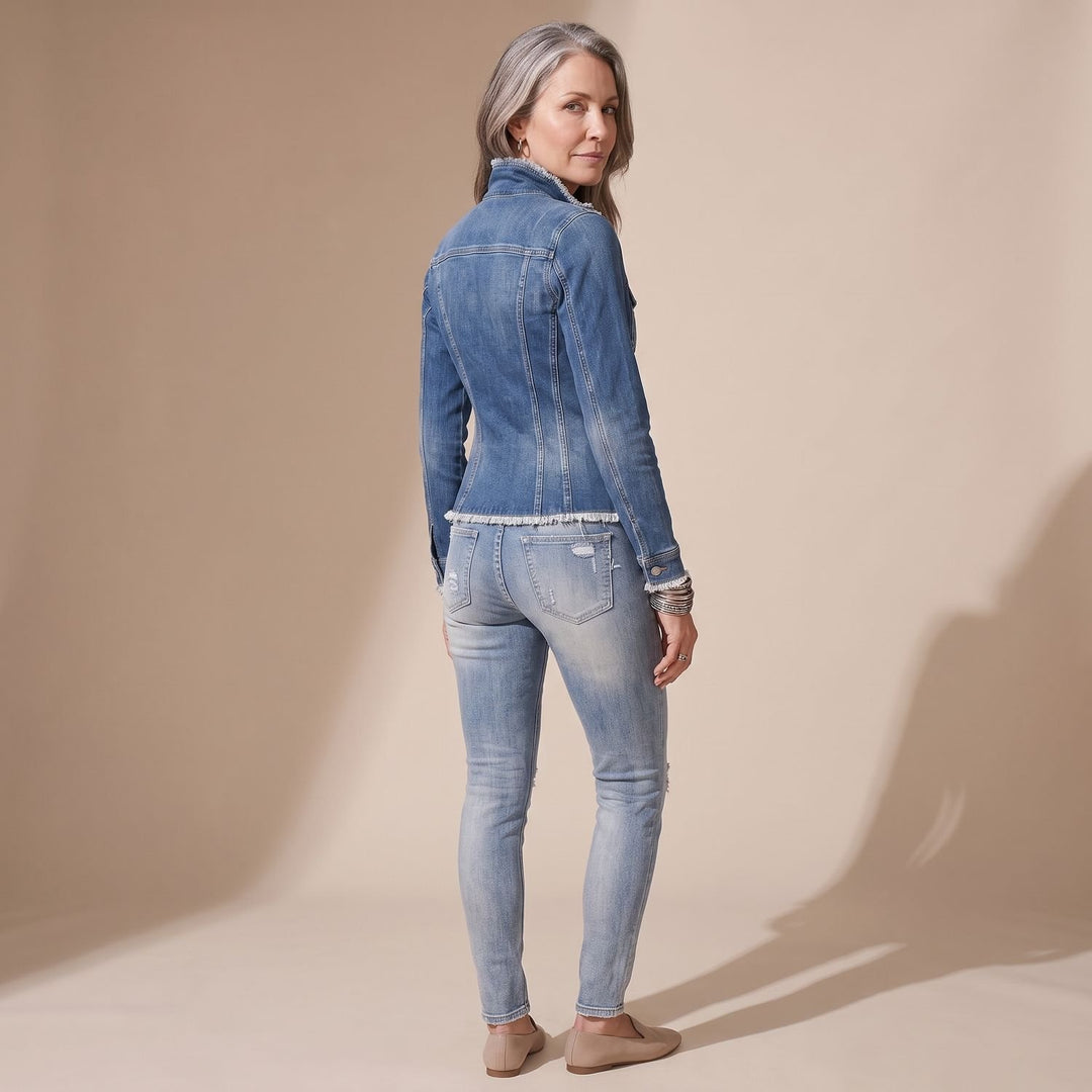 Damen Taillierte Jeansjacke mit Fransen und Knopfleiste