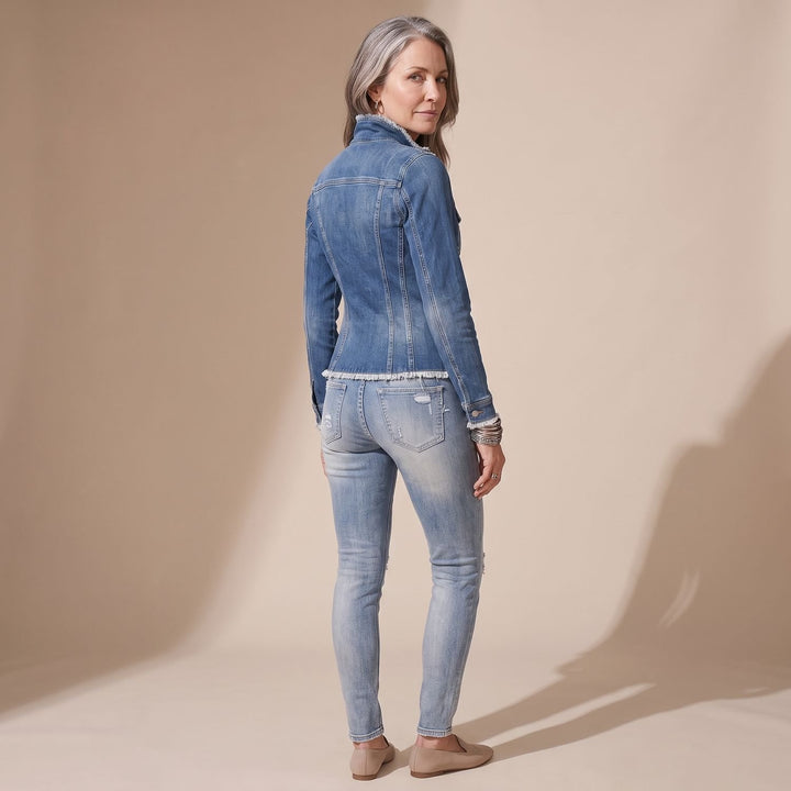Damen Taillierte Jeansjacke mit Fransen und Knopfleiste