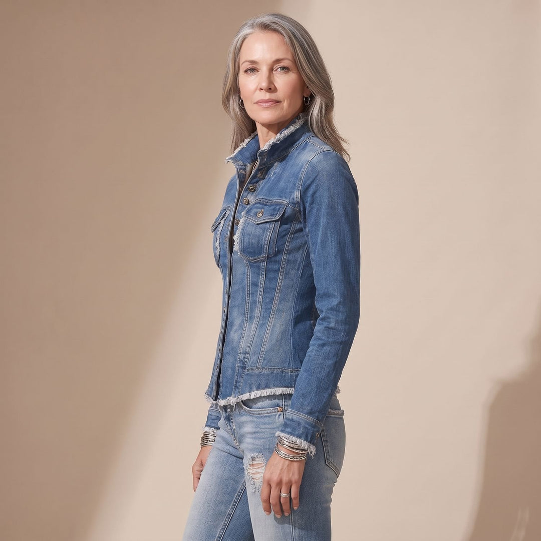 Damen Taillierte Jeansjacke mit Fransen und Knopfleiste
