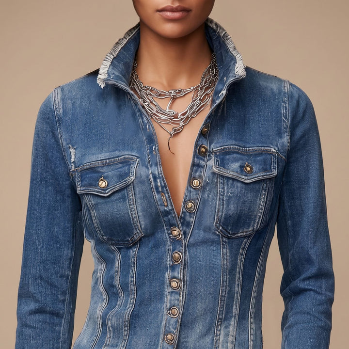 Damen Taillierte Jeansjacke mit Fransen und Knopfleiste