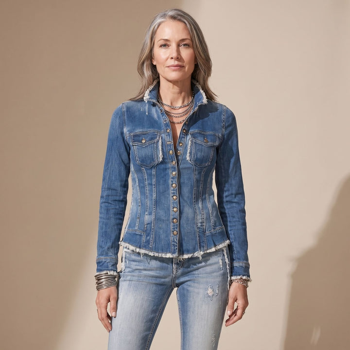 Damen Taillierte Jeansjacke mit Fransen und Knopfleiste