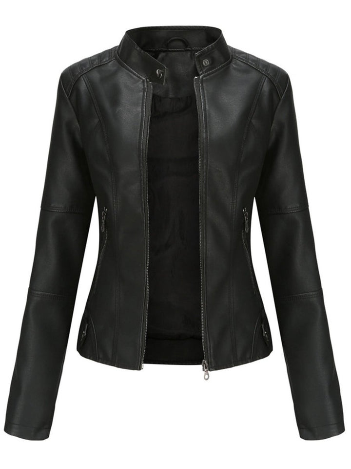 Damen Taillierte Kunstleder Biker Jacke Reißverschluss - Schwarz