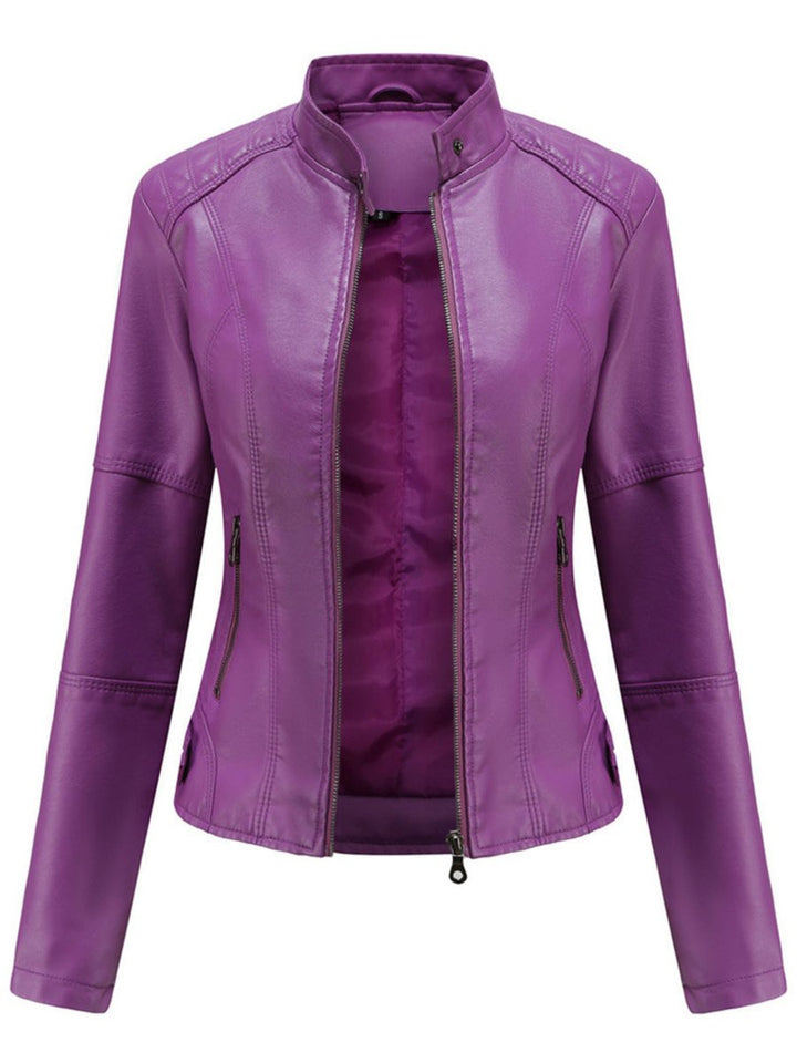 Damen Taillierte Kunstleder Biker Jacke Reißverschluss - Lila