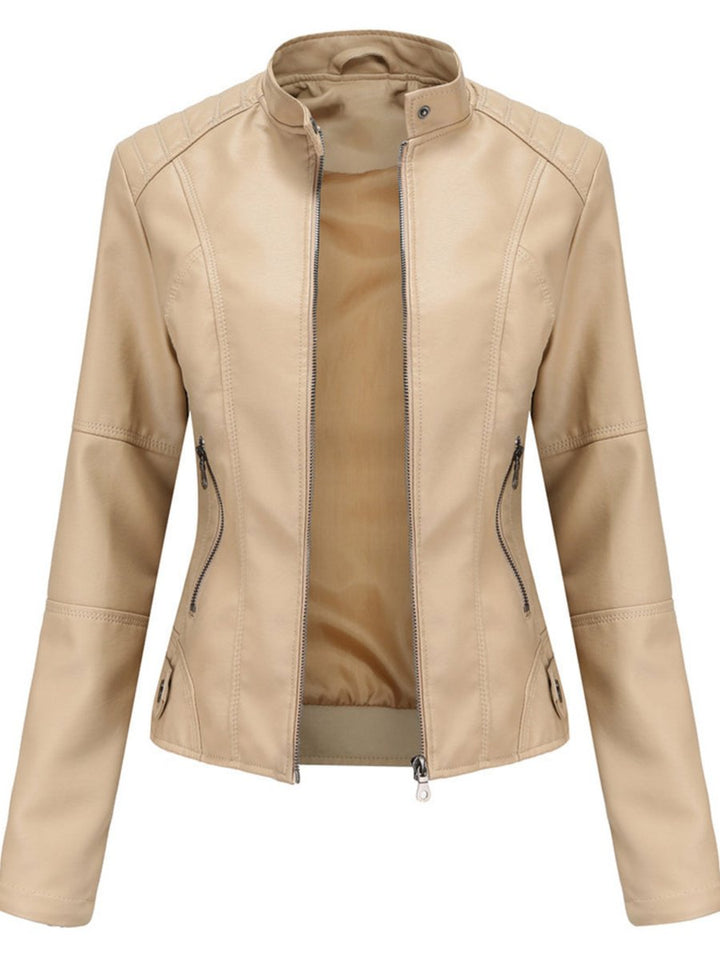 Damen Taillierte Kunstleder Biker Jacke Reißverschluss - Beige
