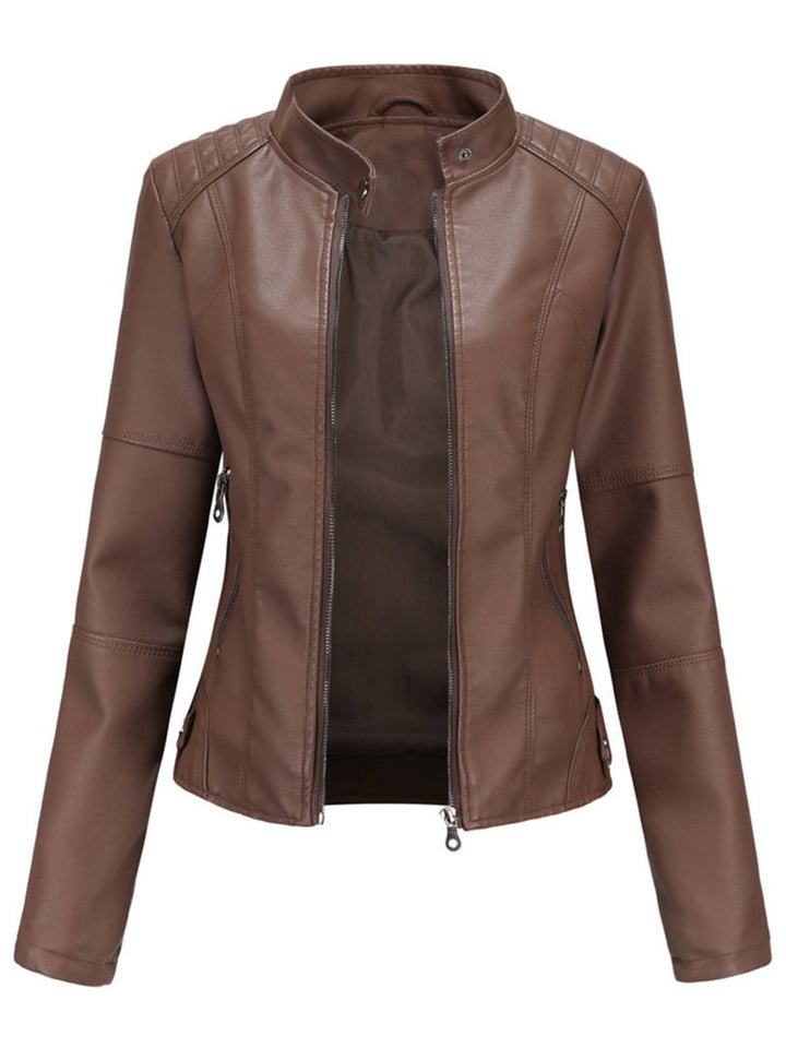 Damen Taillierte Kunstleder Biker Jacke Reißverschluss - Dunkelbraun