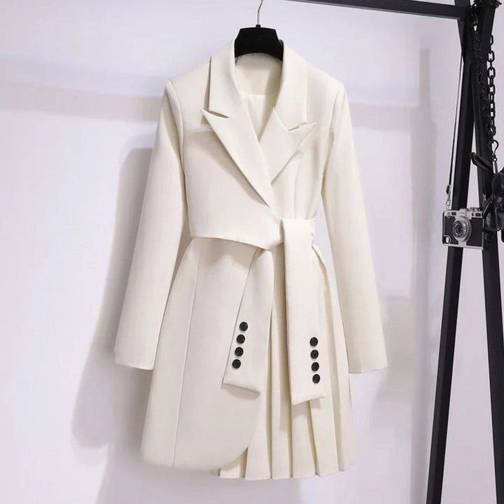 Damen Taillierter Blazer-Mantel mit Bindegürtel Plisseesaum - Beige