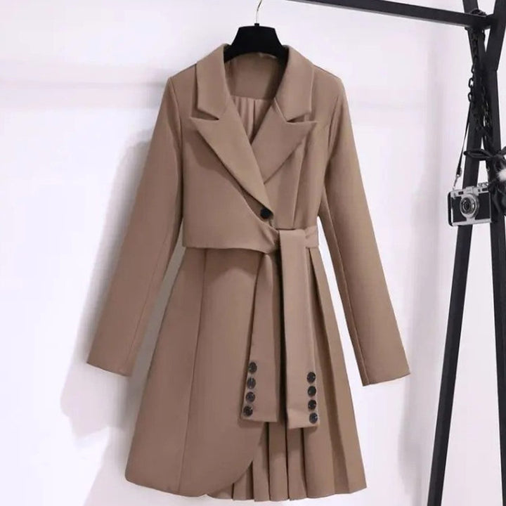 Damen Taillierter Blazer-Mantel mit Bindegürtel Plisseesaum - Khaki