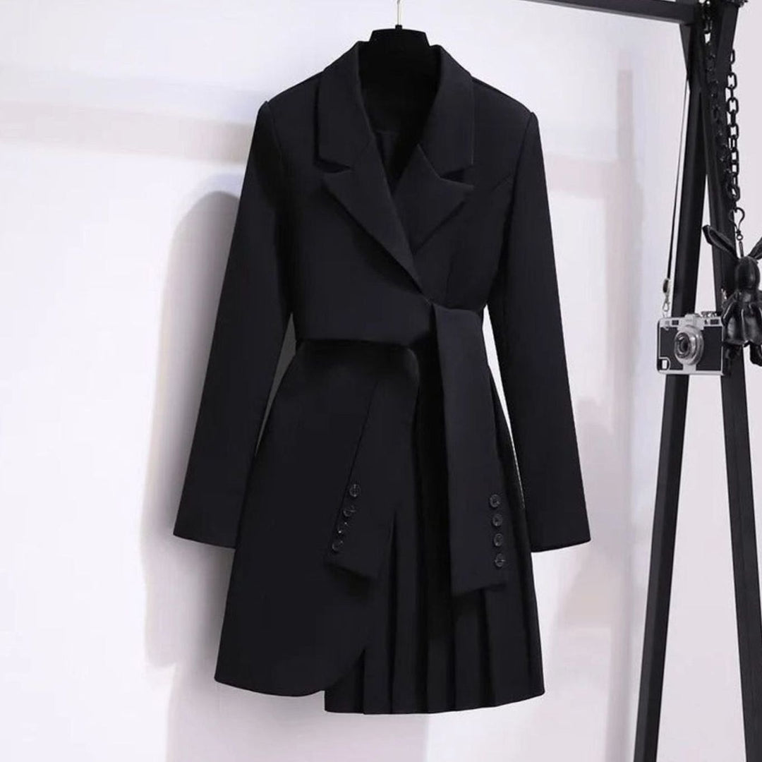 Damen Taillierter Blazer-Mantel mit Bindegürtel Plisseesaum - Schwarz