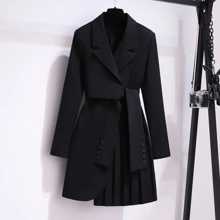 Damen Taillierter Blazer-Mantel mit Bindegürtel Plisseesaum - Schwarz