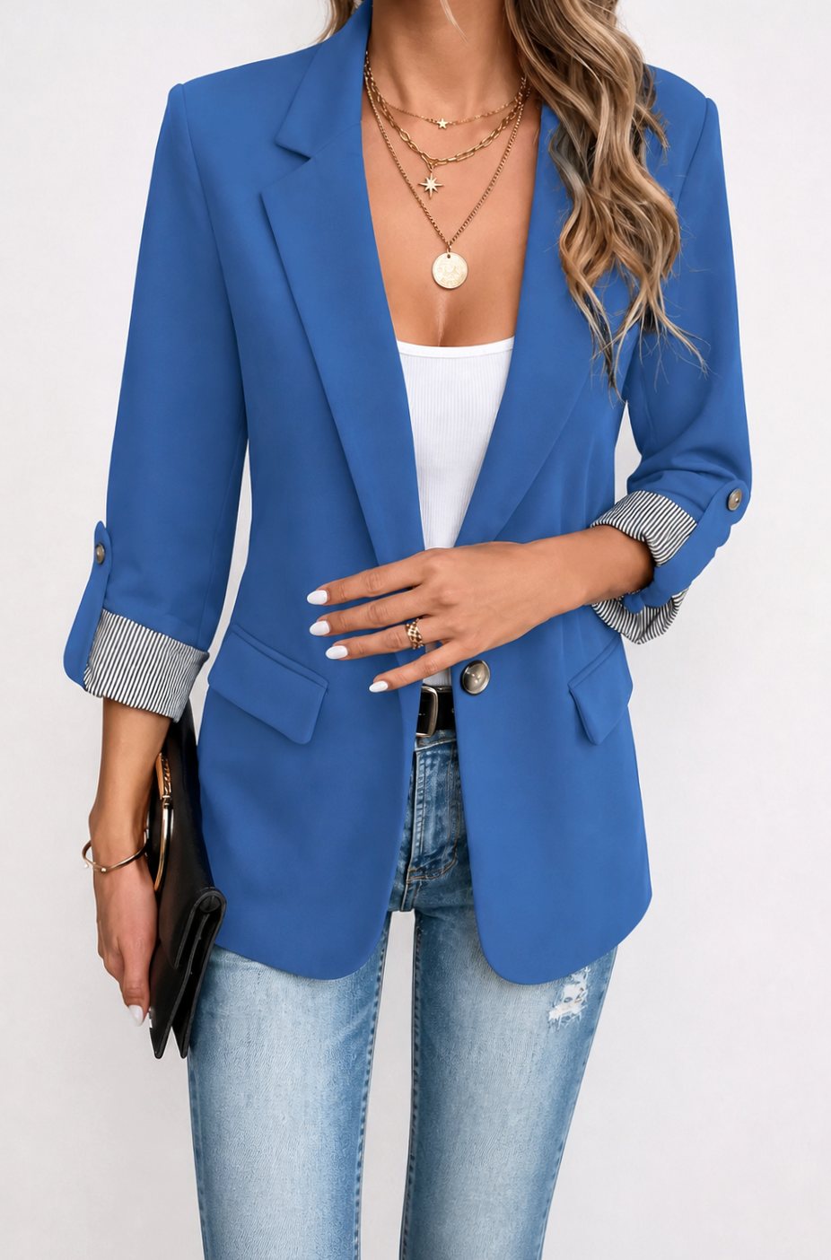 Damen Taillierter Blazer mit Streifenmanschette und Rollärmel - Blau