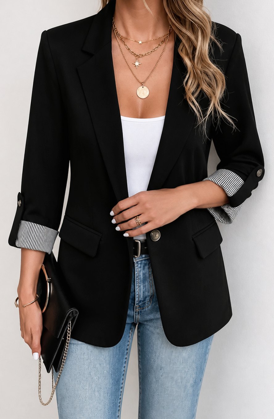 Damen Taillierter Blazer mit Streifenmanschette und Rollärmel - Schwarz