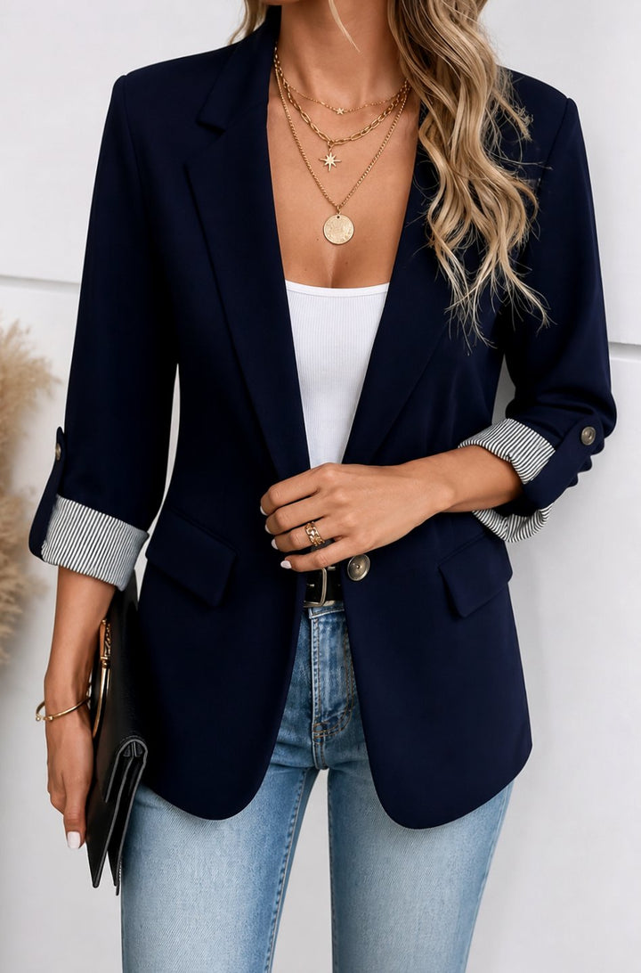 Damen Taillierter Blazer mit Streifenmanschette und Rollärmel - Marineblau
