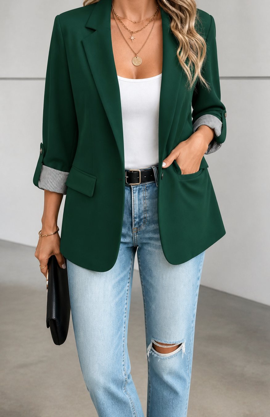 Damen Taillierter Blazer mit Streifenmanschette und Rollärmel - Dunkelgrün