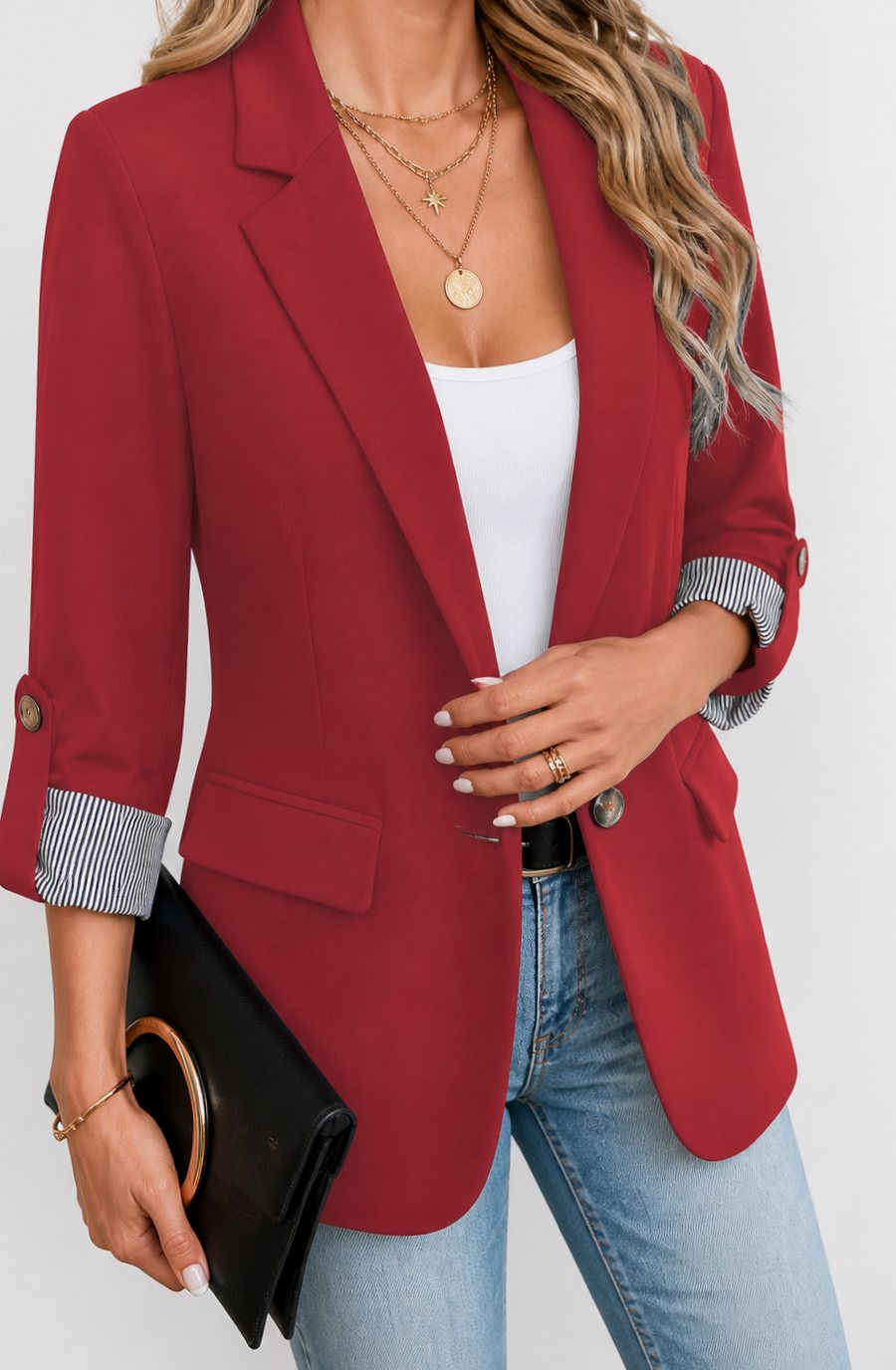 Damen Taillierter Blazer mit Streifenmanschette und Rollärmel - Rot