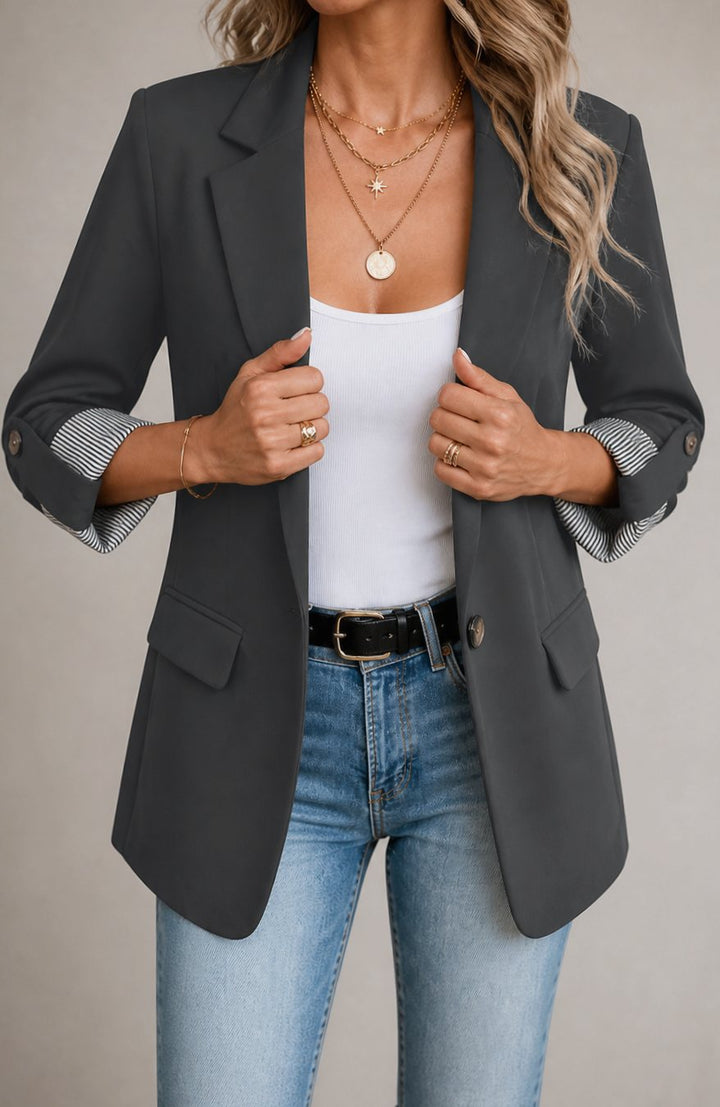 Damen Taillierter Blazer mit Streifenmanschette und Rollärmel - Dunkelgrau