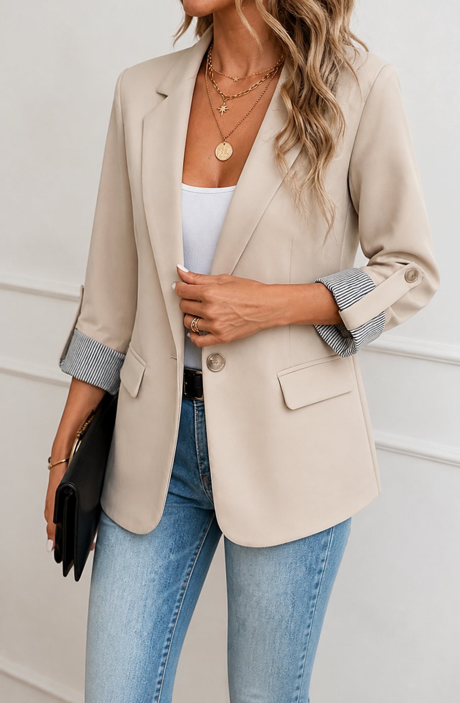 Damen Taillierter Blazer mit Streifenmanschette und Rollärmel - Aprikose