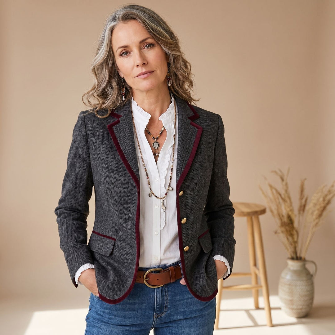 Damen Taillierter Fischgrat-Blazer mit Kontrastpaspel - Dunkelgrau