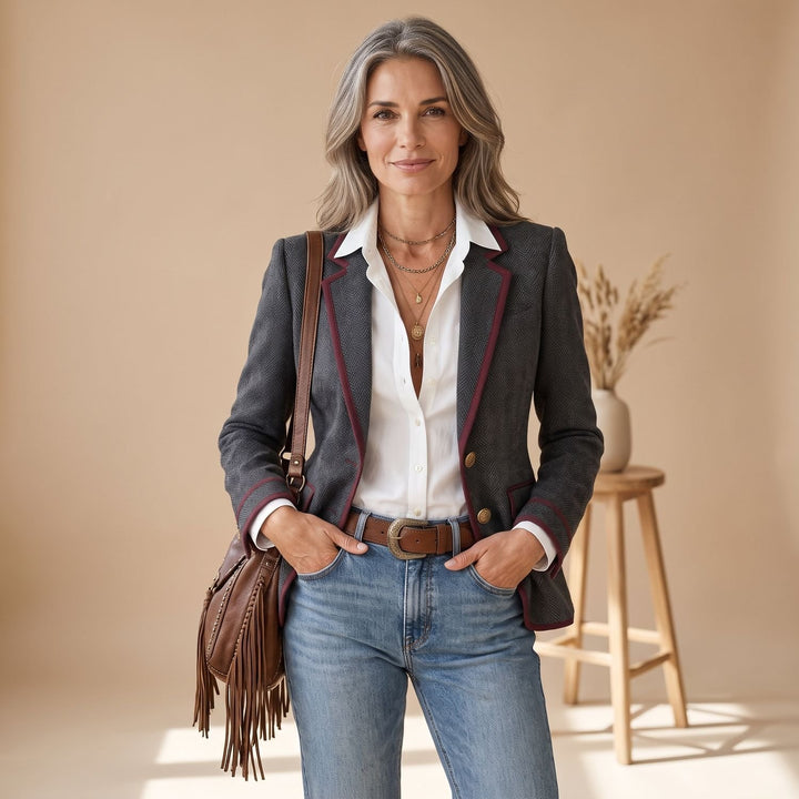 Damen Taillierter Fischgrat-Blazer mit Kontrastpaspel