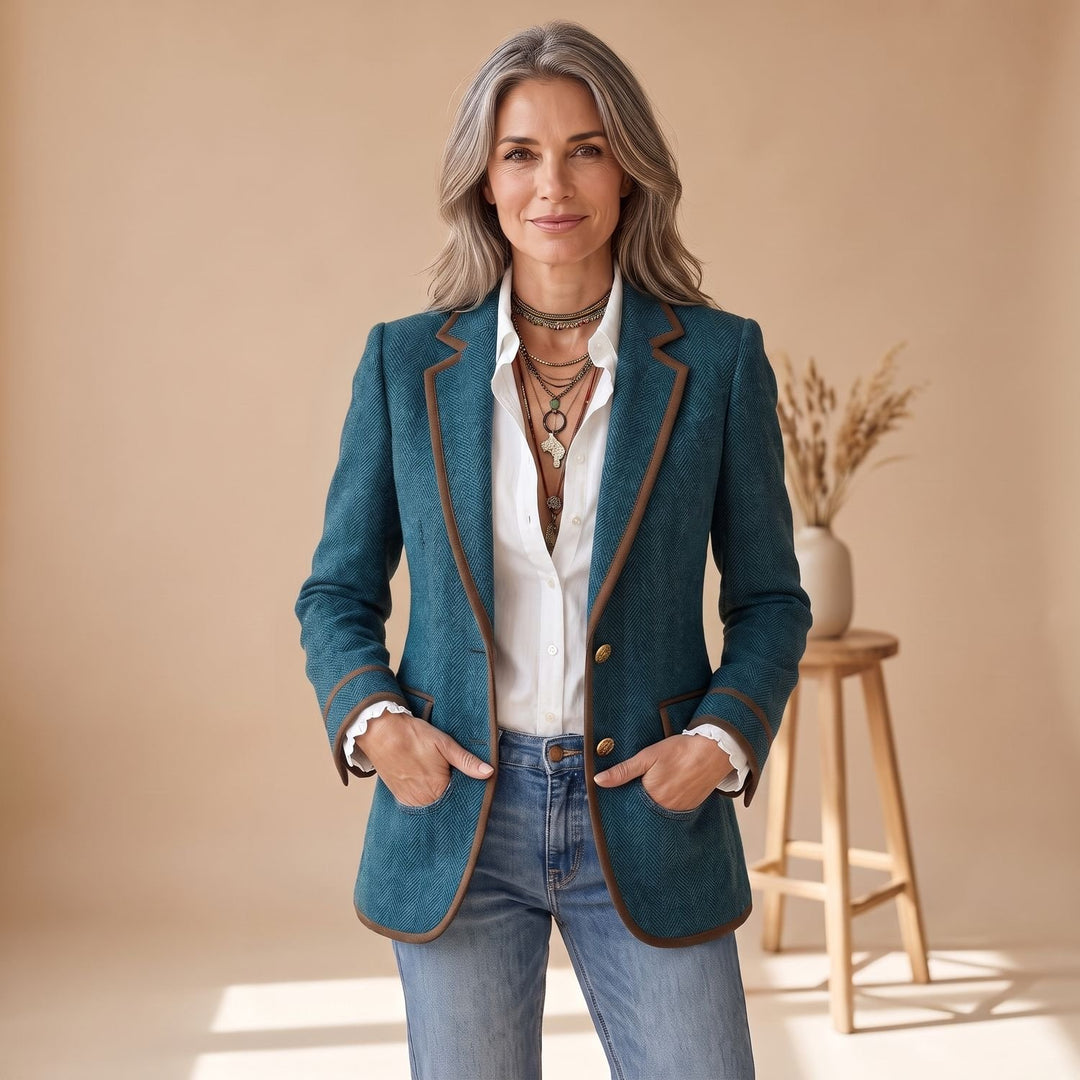 Damen Taillierter Fischgrat-Blazer mit Kontrastpaspel - Blaugrün