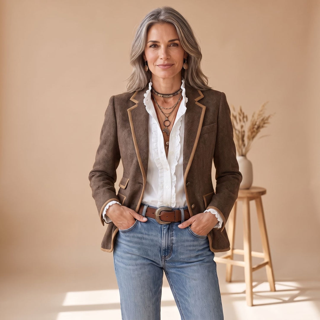Damen Taillierter Fischgrat-Blazer mit Kontrastpaspel - Braun
