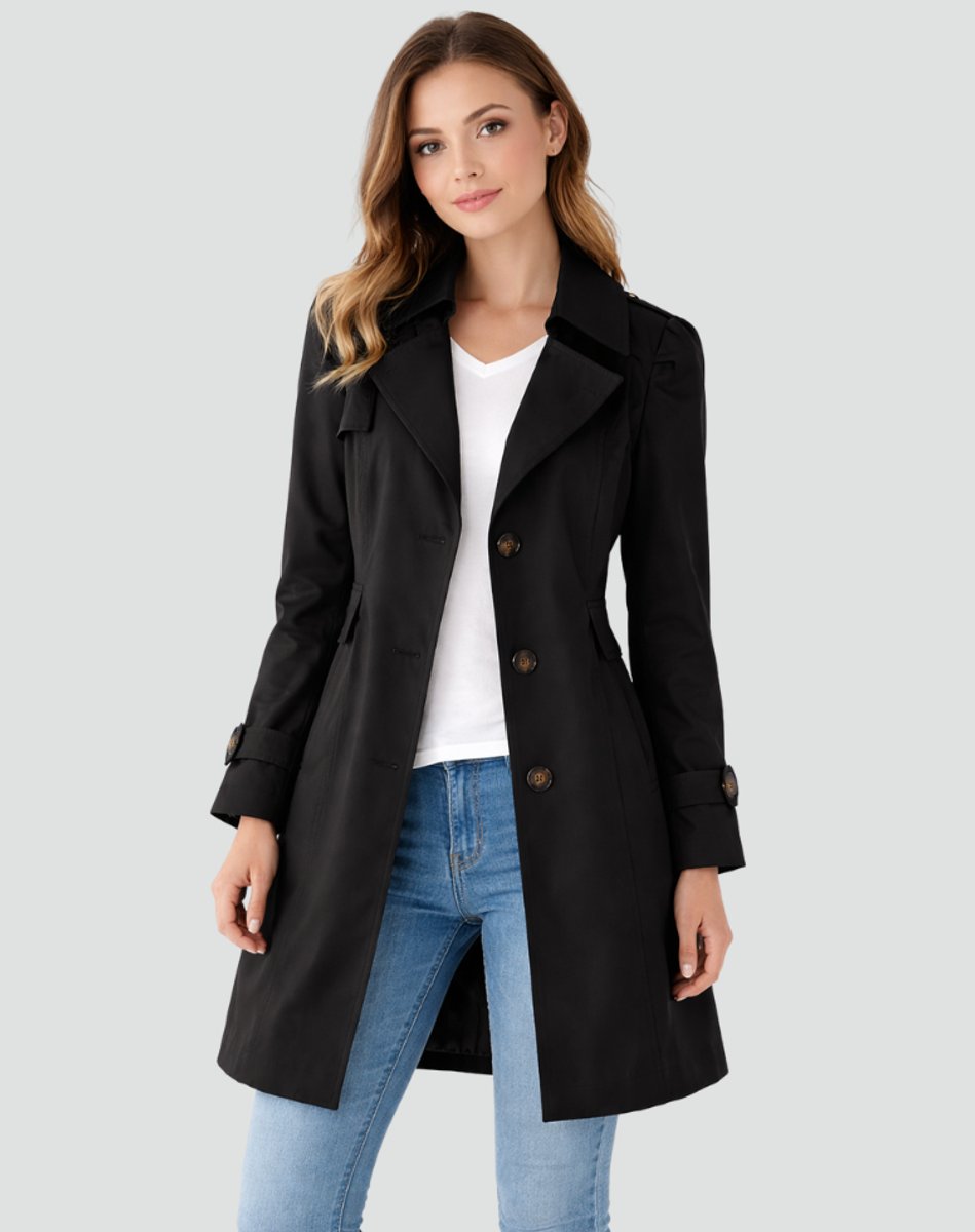Damen Taillierter Klassischer Trench Coat Mittellanger Mantel - Schwarz